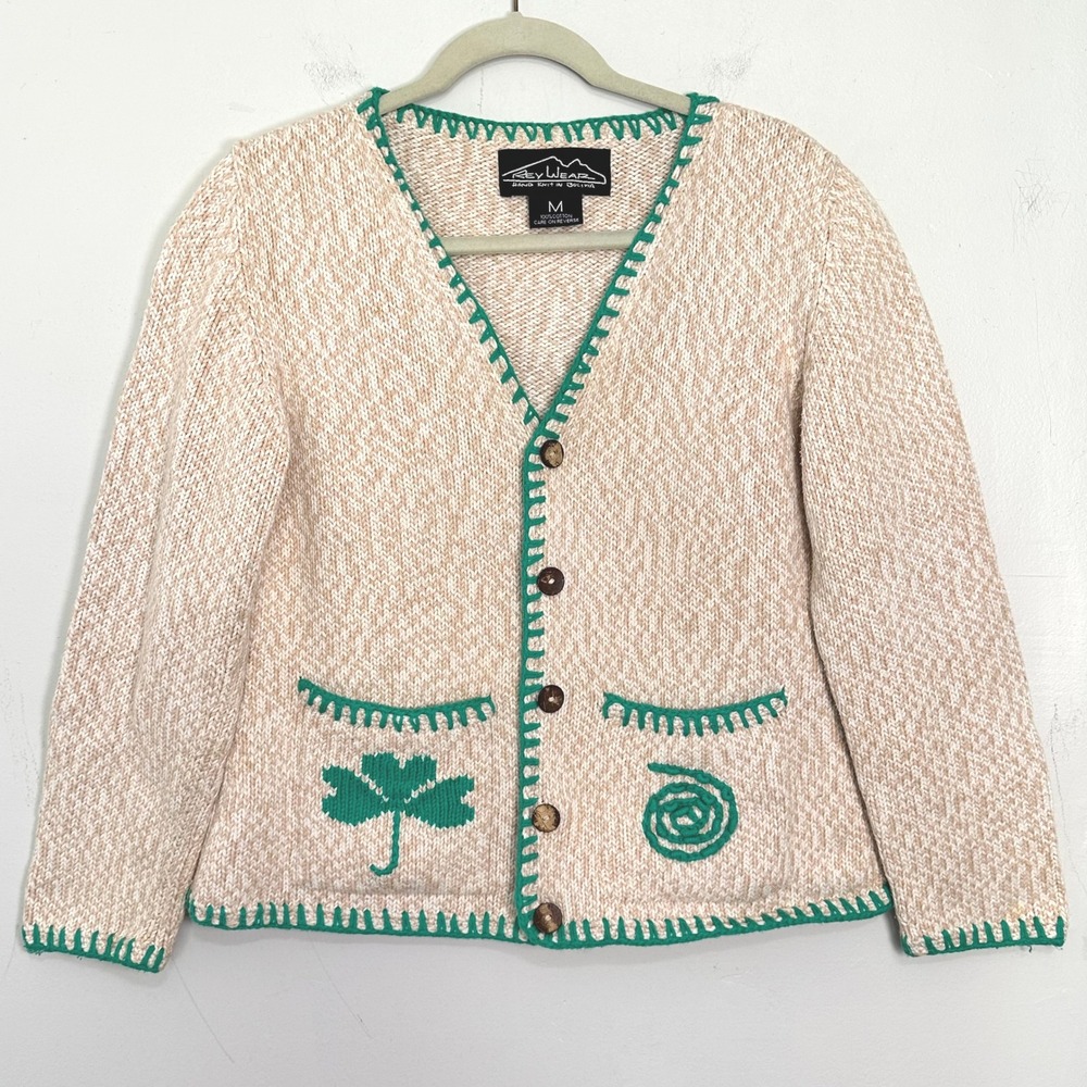 VTG Rey Wear Hand-Knit Clover Trim Cardigan Folk Cottagecore Artsy SZ M